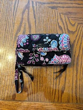 Vera Bradley Quilted Wristlet in Black with Purple & Blue Floral